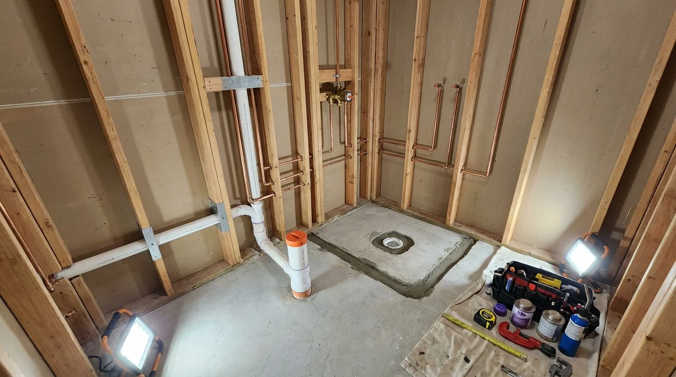 Bathroom rough-in plumbing during remodel by Johns Plumbing LLC in Lindenhurst