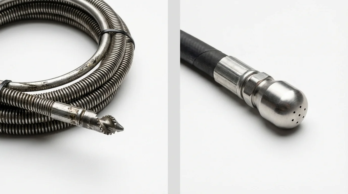 Drain snake cable and hydro jetting nozzle used for drain cleaning in Lindenhurst, NY