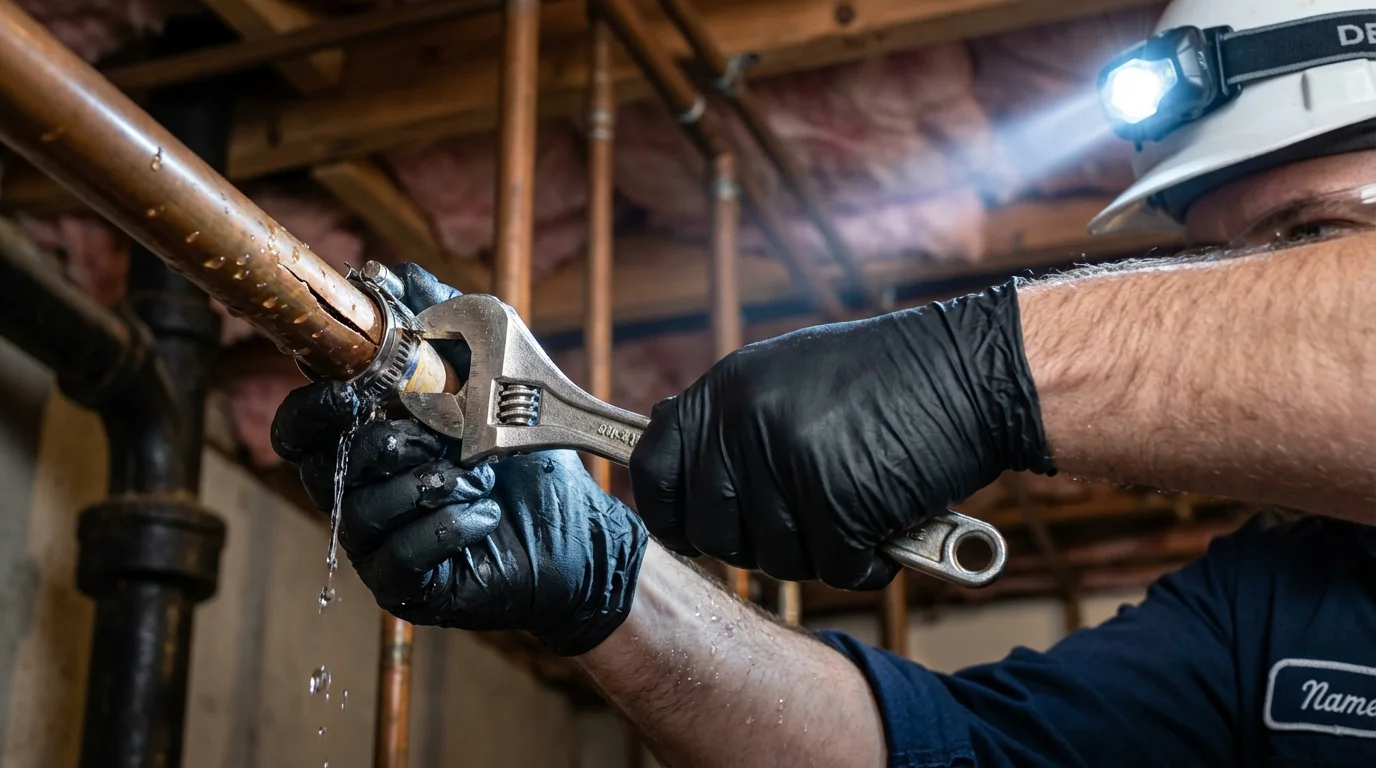 Emergency pipe clamp repair being performed by a Johns Plumbing LLC plumber in Lindenhurst