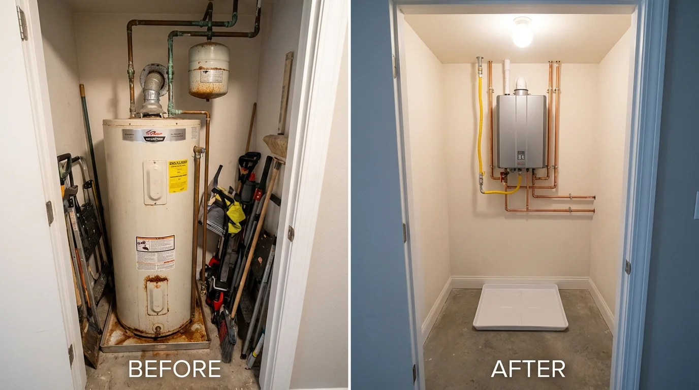 Tank water heater versus wall-mounted tankless unit comparison for Lindenhurst, NY homeowners