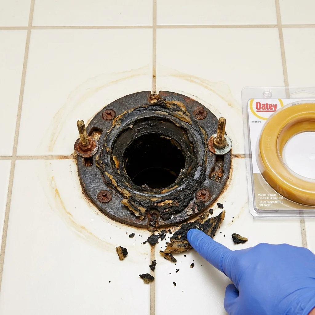 Failed wax ring showing water seepage at the base of a toilet in a Lindenhurst, NY home
