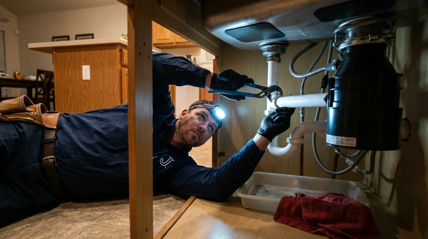 P-trap and supply line connections under a kitchen sink showing a common leak point in Lindenhurst, NY